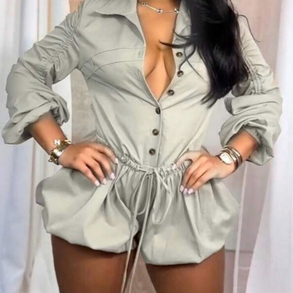 Women's Rushed Button-Up Bubble Longsleeve Drawstring Jumpsuit Romper - Gray